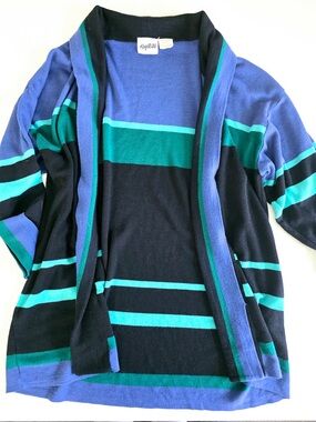 Vintage Knights Ltd Striped Open Cardigan Sweater Women’s L Blue Black Green